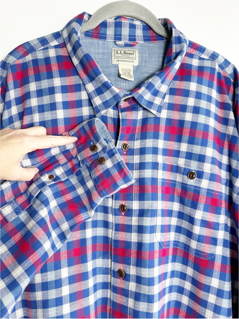 L.L. Bean Men’s Flannel Blue Red Button Front Shirt 3XL Traditional Fit USA